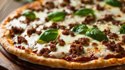 Close up of pizza topped with ground beef and mozzarella