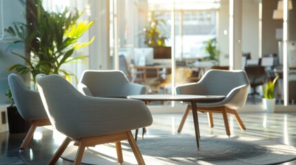 Contemporary Office Waiting Area with Stylish Chairs and Coffee Table, Blurred Open Workspace in Background