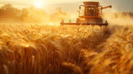 Fototapeta premium Efficient Harvester at Work in a Lush Wheat Field Bathed in Golden Sunset Glow