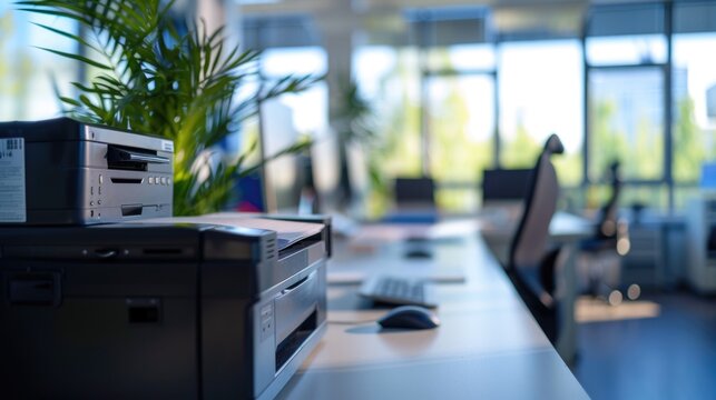 Contemporary Office Printer Station with Clean Design in Blurred Workspace Setting