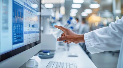 Close-up of a healthcare professional pointing at various statistical graphs and charts on a monitor in a laboratory setting.