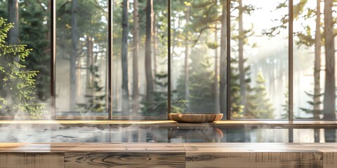 mockup photo of room window facing the forest, villa atmosphere, cottage, elegant natural atmosphere, for spa and beauty products