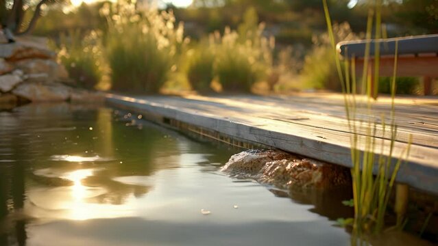 A peaceful natural pool with a wooden deck perfect for relaxing and stargazing.