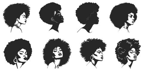 Set of vector icons silhouette of black woman head with Featuring Various afro hairstyle beauty fashion and cosmetic