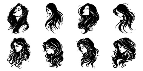 Set of vector icons silhouette of woman head with Featuring Various long hair hairstyle beauty salon fashion and cosmetic
