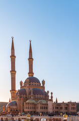 Fototapeta premium Beautiful Al Mustafa Mosque in Old Town of Sharm El Sheikh in Egypt, at sunset