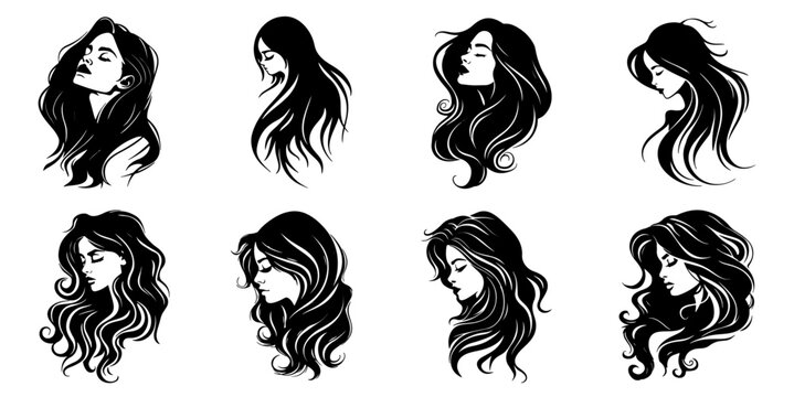 Set of vector icons silhouette of woman head with Featuring Various long hair hairstyle beauty salon fashion and cosmetic
