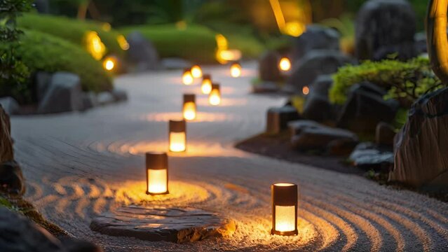 A pathway of solar lights guiding the way through a peaceful Zen garden.