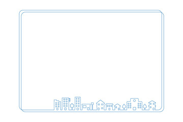 シンプルな家やビルが立ち並ぶ街並みの手描きベクターイラストフレーム 　青ver