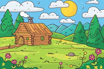 Fototapeta premium Cartoon cute doodles of a cabin with a scenic view of a valley and distant hills, Generative AI