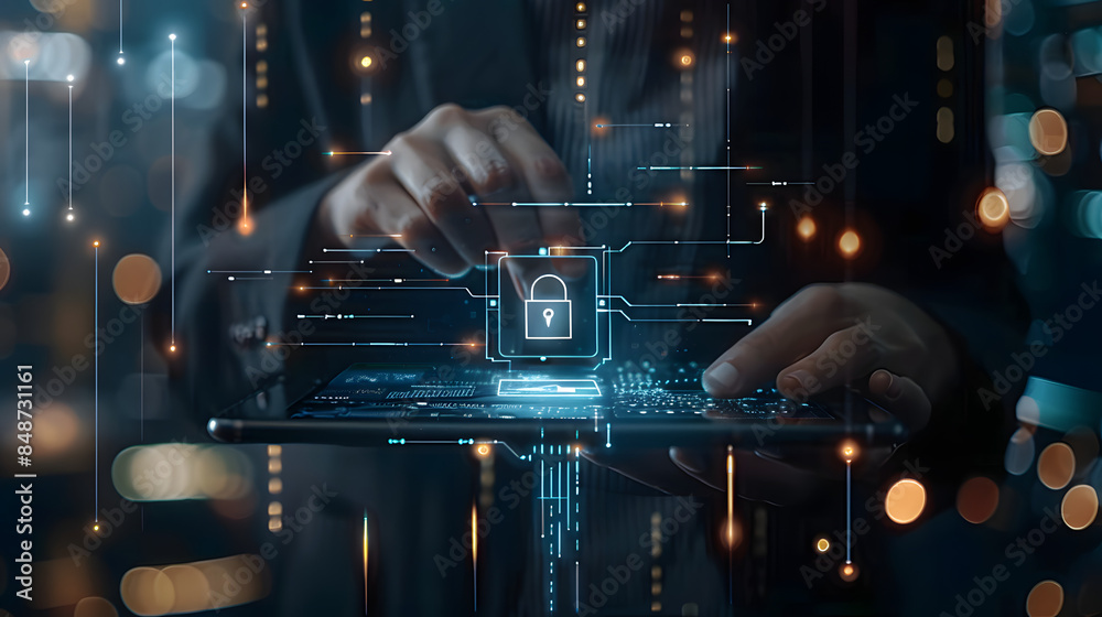 Aufkleber cyber security network, cybersecurity system technology. businessman protecting data personal inform