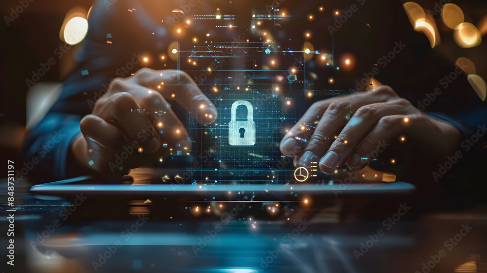 Aufkleber cyber security network, cybersecurity system technology. businessman protecting data personal inform