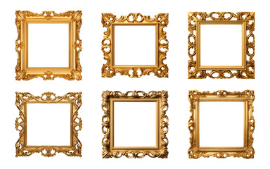Collection of antique gold picture square frames isolated on a transparent background, PNG