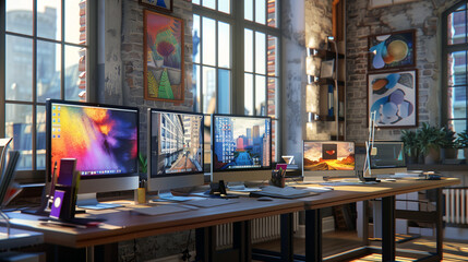 Digital media workspace with multiple monitors, Creative studio setup with colorful graphics on screens, Late afternoon, Natural light from windows