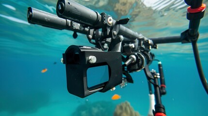 Close-up of a buoyancy control device for underwater cameras, crucial for steady and precise shots. 