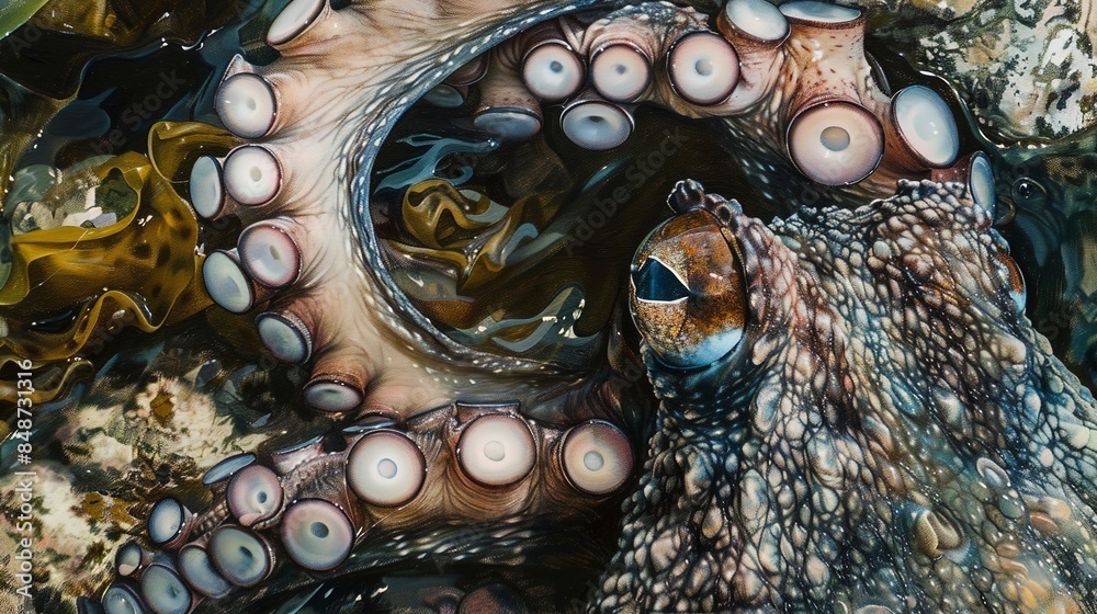 Canvas Prints Close-up of an octopus eye, detailed texture, camouflaged against a rocky seabed. 