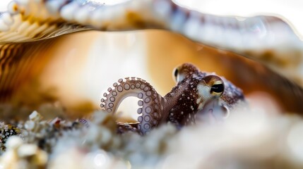 Macro shot of a small octopus peeking from within a sea shell, cautious and curious. 
