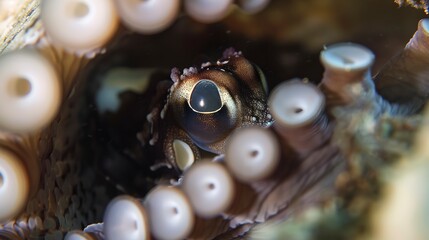 Macro shot of a small octopus peeking from within a sea shell, cautious and curious