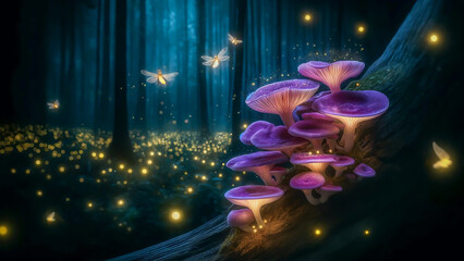 magic violet mushrooms growing on a tree in a dark forest with fireflies.
