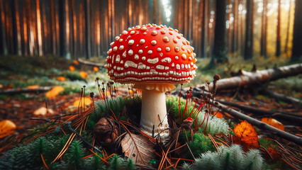 poisonous Amanita mushroom in the forest.mushroom has a bright red cap with white spots and a thick