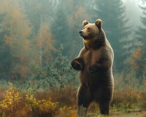 Majestic Brown Bear Standing on Hind Legs in Autumn Forest Clearing Showcasing Strength and Power