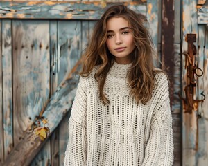 Naklejka premium Beautiful Model Wearing Cozy Oversized Knit Sweater in Rustic Autumn Setting