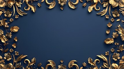 Elegant Gold Floral Frame with Intricate Patterns on Deep Blue Backdrop Exuding Luxury and Sophistication