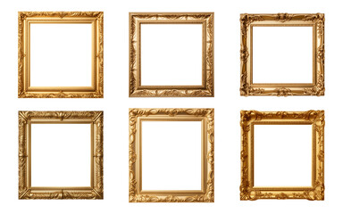 Collection of antique gold picture square frames isolated on a transparent background, PNG