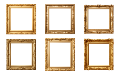 Collection of antique gold picture square frames isolated on a transparent background, PNG