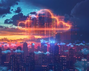 Surreal Cityscape with Digital Clouds Hovering Over Futuristic Skyscrapers Representing Cloud Technology and Innovation