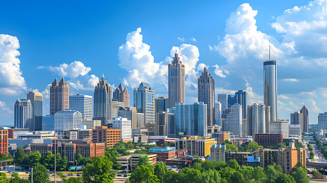 Downtown Atlanta Skyline showing several prominent buildings and hotels under a blue sky