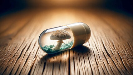 Fototapeta premium whole psilocybin mushroom inside a clear medicine capsule, placed on a wooden surface.
