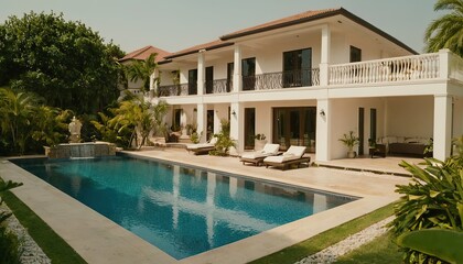 Fototapeta premium Luxury house with swimming pool at night Luxury house with swimming pool at night