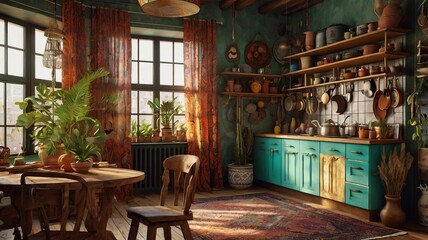 Fototapeta premium bohemian kitchen with vibrant turquoise cabinets, a wooden table, and various potted plants. the kitchen features colorful patterned curtains, farmhouse sink, assortment of kitchenware and decor items