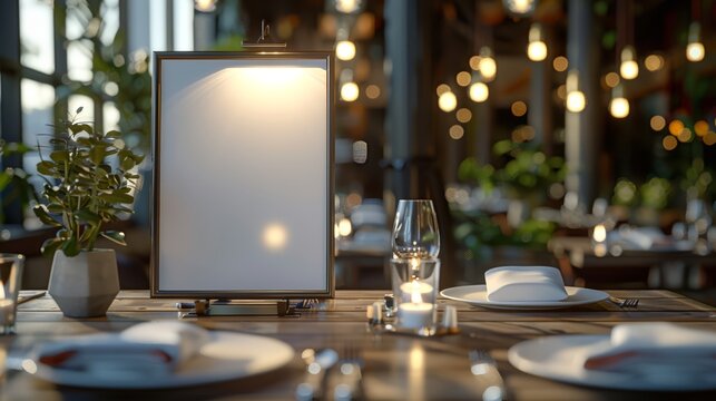 Blank menu board in a trendy restaurant, with elegant table settings and dim lighting, offering ample space for text or menu items