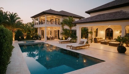 Fototapeta premium Luxury house with swimming pool at night Luxury house with swimming pool at night