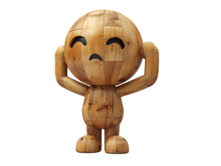 Wooden 3D Minimalist Figure Expressing Confusion on White Background
