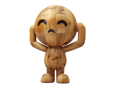 Wooden 3D Minimalist Figure Expressing Confusion on White Background
