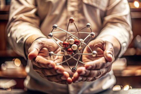  hands holding a small, physical model of a single atom, symbolizing a monoatomic molecule