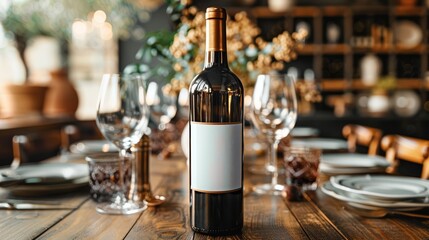 Clean label on a wine bottle in a luxurious dining setting, with elegant table settings and decor, offering plenty of space for text or branding