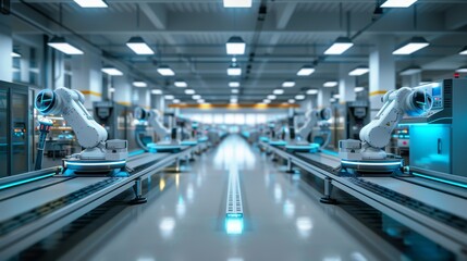 Obraz premium Futuristic industrial production line with automated machines and a clean, modern aesthetic, leaving plenty of room for text