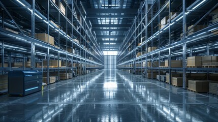 Futuristic industrial storage area with automated retrieval systems and sleek metal shelving, offering significant room for text
