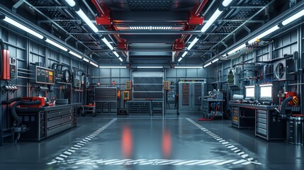 High-tech industrial maintenance bay with advanced diagnostic tools and sleek metal surfaces, providing plenty of room for text