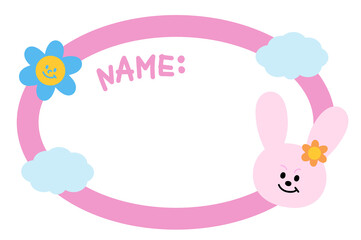 Cute bunny, cloud, flower on name tag for back to school, pet school, kids, toddlers, vet, pet shop, zoo, sticker, card, masking tape, decoration, memo, sticky note, animal, garden, floral, cartoon