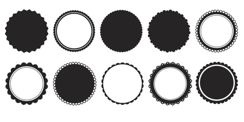 Scalloped seal round price emblem badge simple frame decoration isolated on white background. Stamp, wavy clip art