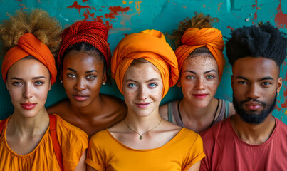 Fototapeta premium Diverse Group of Young People in Orange and Turbans Posing Against Colorful Wall Teamwork Unity Multicultural Concept