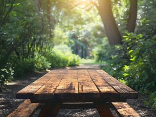 Fototapeta premium Simple Wooden Picnic Table in Sunny Outdoor Greenery Setting for Product Display and Copy Space