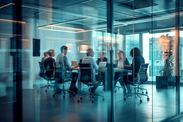 Fototapeta premium group of business people discussing financial results working together in modern meeting room with glass partitions, background blurred employees