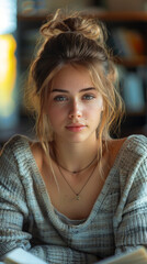 Obraz premium Focused Teenage Girl Studying for Exams at Home, Daytime, Cozy Setting, Determined and Concentrated on Academic Success