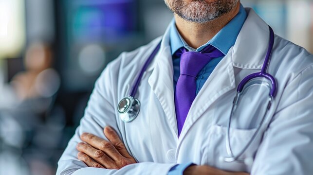 Male doctor with a beard, Middle-Eastern descent, in a clinical setting with arms crossed, wearing a lab coat and stethoscope.